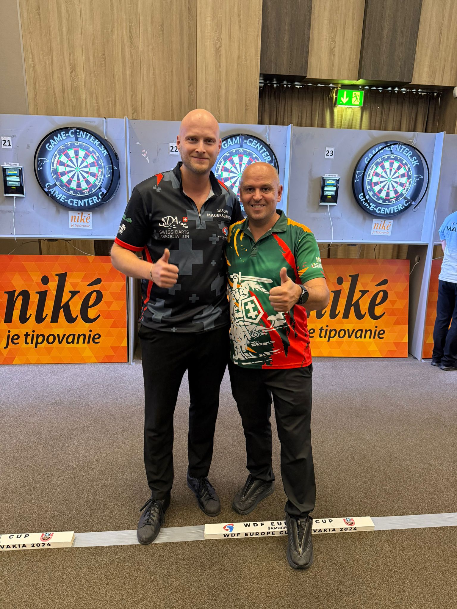 Men's singles at the WDF Europe Cup 2024 in Šamorín, Slovakia: Jason Mauersberger (Switzerland) and Darius Labanauskas (Lithuania)